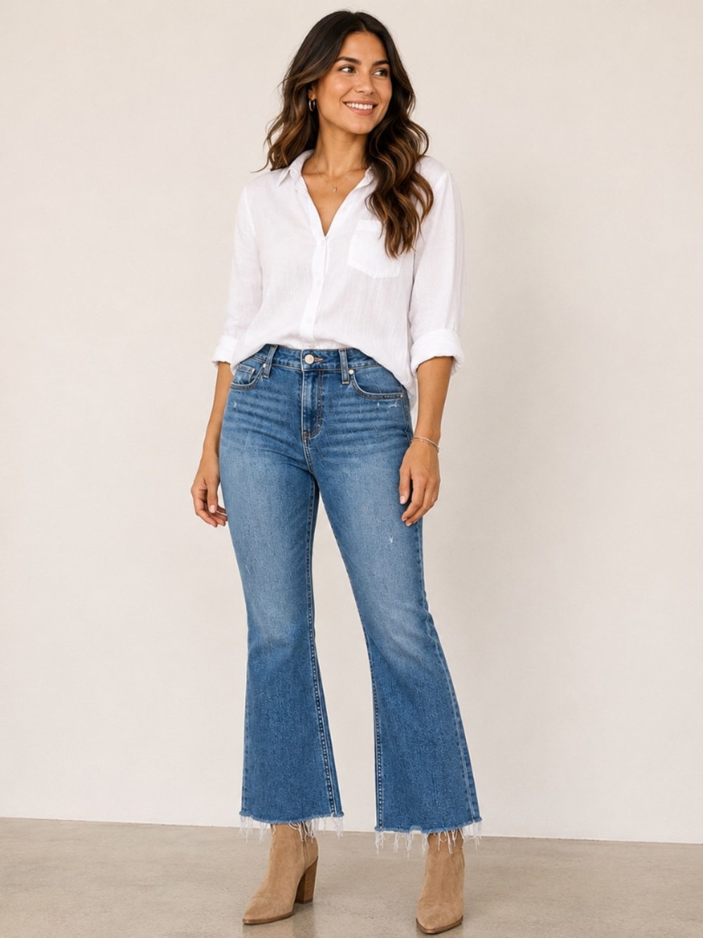 PAIGE Shelby Distressed Raw Hem Flare Jeans Size 30 Mid Wash Stretch Denim